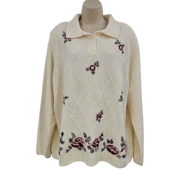 Grandmacore Jumper Sweater Women 1X Embroidered Cabincore Preppy Coastal Grandma - Picture 1 of 11